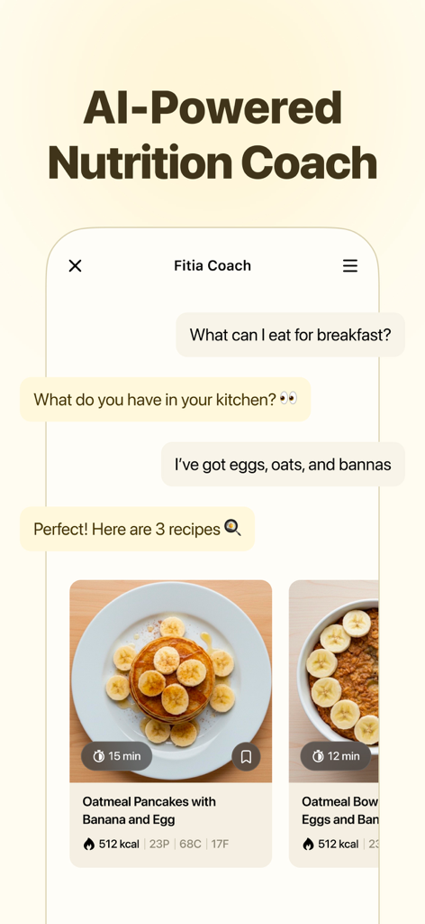 Interface de l'application Fitia montrant le coach nutritionnel IA suggérant des recettes basées sur les ingrédients de l'utilisateur
