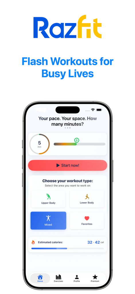 RazFit - RazFit app interface showing a 5 minute workout selection with options for upper body lower body and mixed exercises