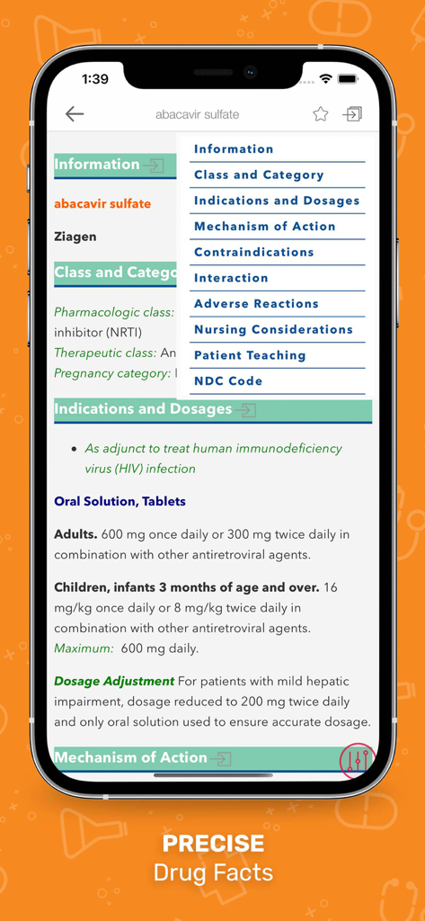 Nurse’s Drug Handbook - Nurse drug handbook app showing dosage and indications for a specific medication