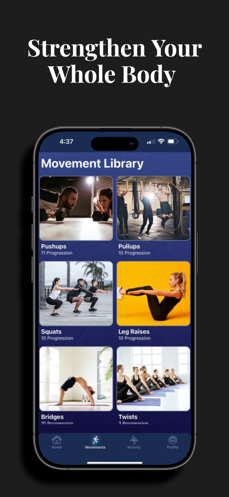 A screenshot of the Hybrid Calisthenics app Movement Library showing various bodyweight exercises like pushups and squats.