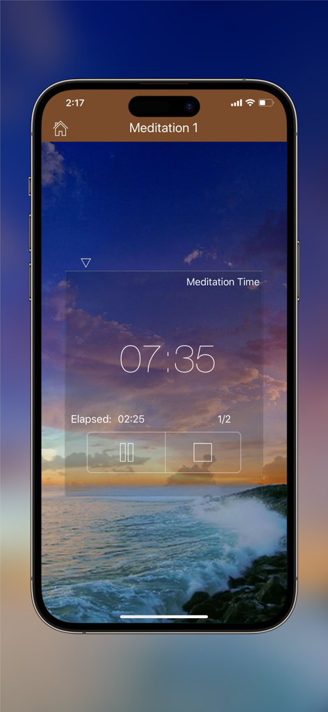 Meditation Timer Pro active session screen with a countdown timer and a scenic sunset ocean background.