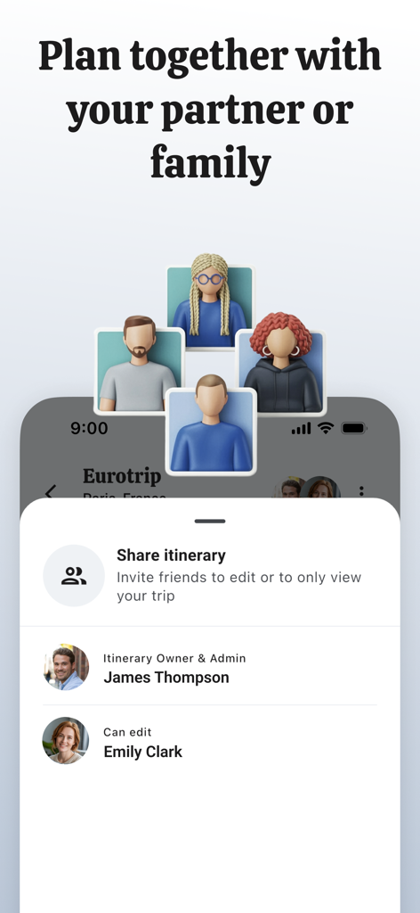 TripZen - Travel Planner - A mobile app screen showing a feature to share travel itineraries with partners or family members for collaborative planning.