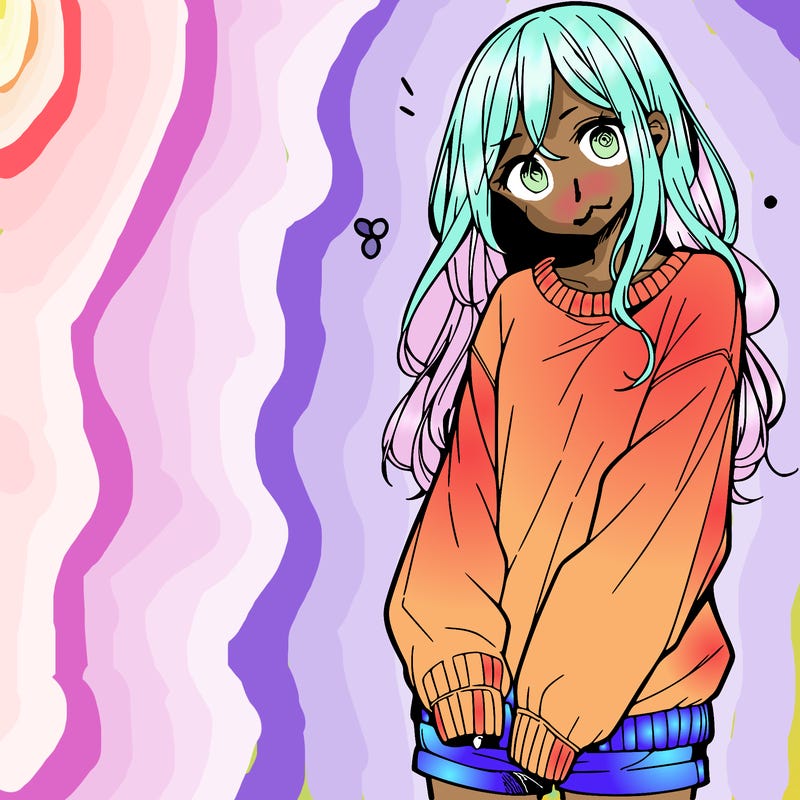 manga teen girl  in a sweater and baggy pants