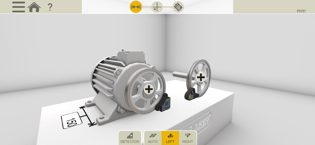 3D visualization of industrial motor pulley alignment with sensors