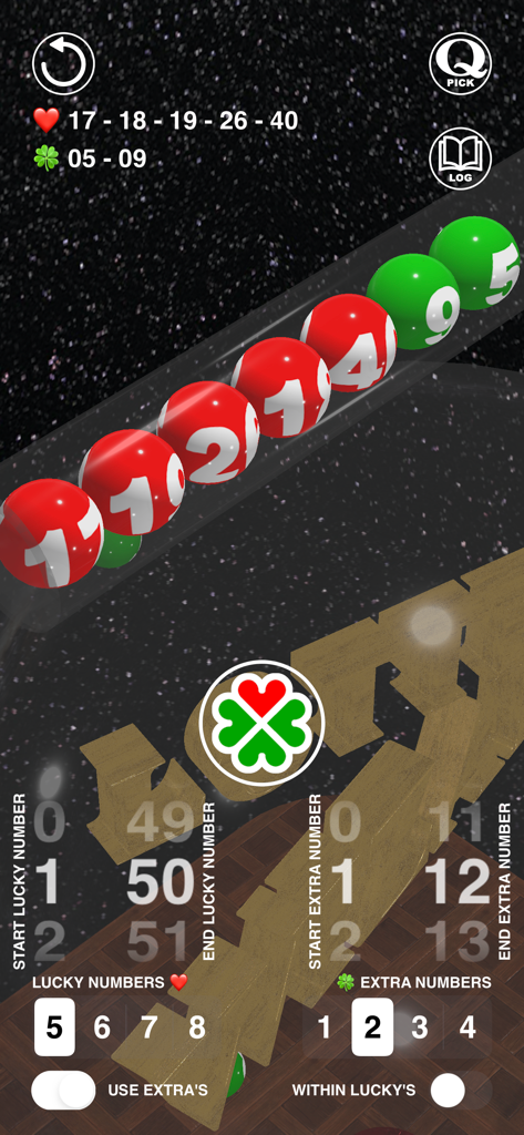 Lottery Wizard 3D - Interfaz de Lottery Wizard 3D que muestra bolas rojas y verdes numeradas en una simulación de sorteo mecánico.