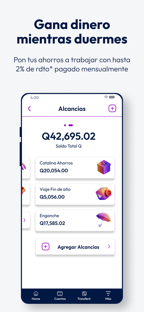 Banco Nexa - Mobile app interface showing Banco Nexa savings pots with balances in Guatemalan Quetzals and interest yield information