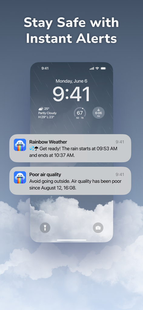 Rainbow AI: Weather Radar - IPhone lock screen showing rain and air quality notifications from the Rainbow AI weather app