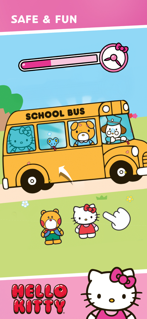 Hello Kitty and friends boarding a yellow school bus in a safe and fun learning game for kids.