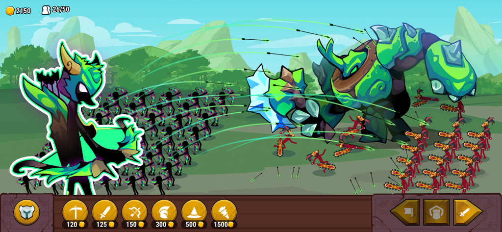 Stickman archer army attacking a giant golem boss in Stick Saga Endless War