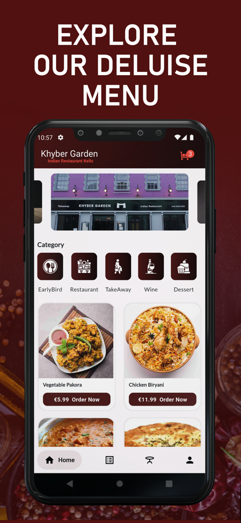 Khyber Garden - Mobile app interface for Khyber Garden restaurant showing food menu and categories