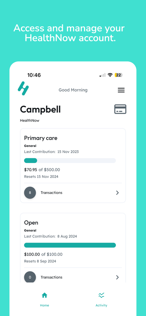Interface de l'application My Health Now montrant les soldes des fonds et l'historique des transactions pour les avantages sociaux des employés