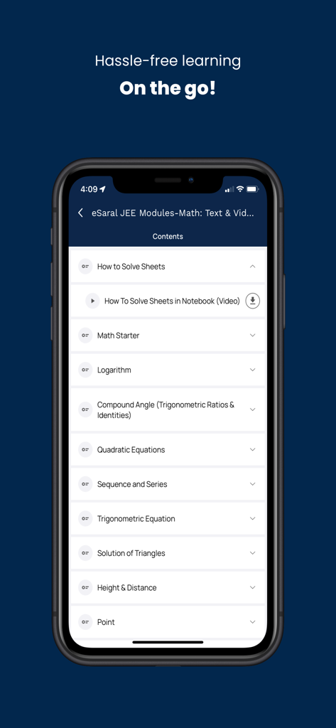 eSaral - eSaral app interface showing a list of Math course modules including Logarithm and Quadratic Equations for JEE preparation.