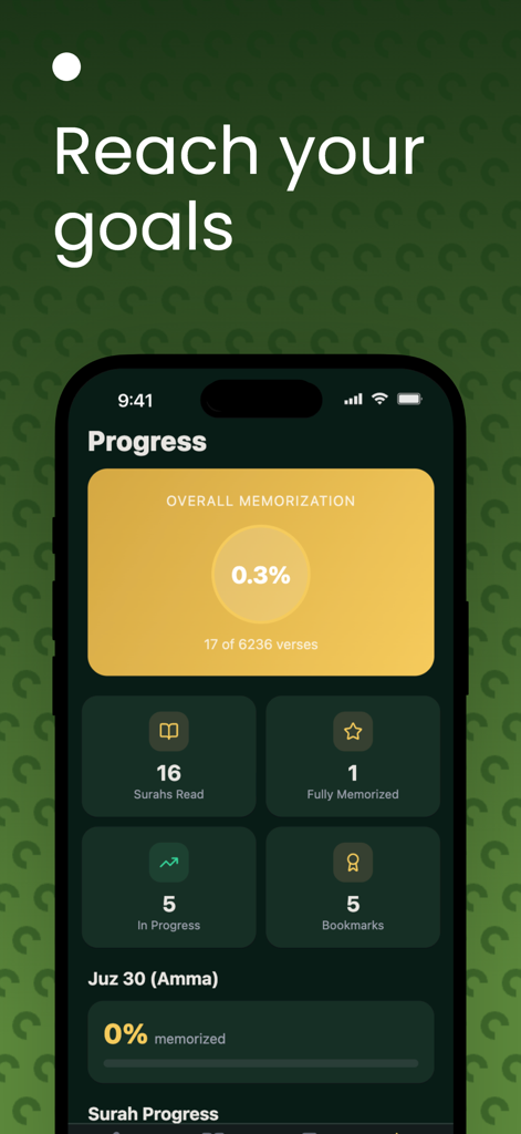 Tarteel - Quran Memorization - Mobile app screen showing Quran memorization progress with stats for verses learned and goals reached