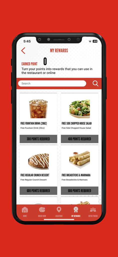 Peter Piper Pizza Rewards - The My Rewards screen of the Peter Piper Pizza app showing available food rewards and points balance.