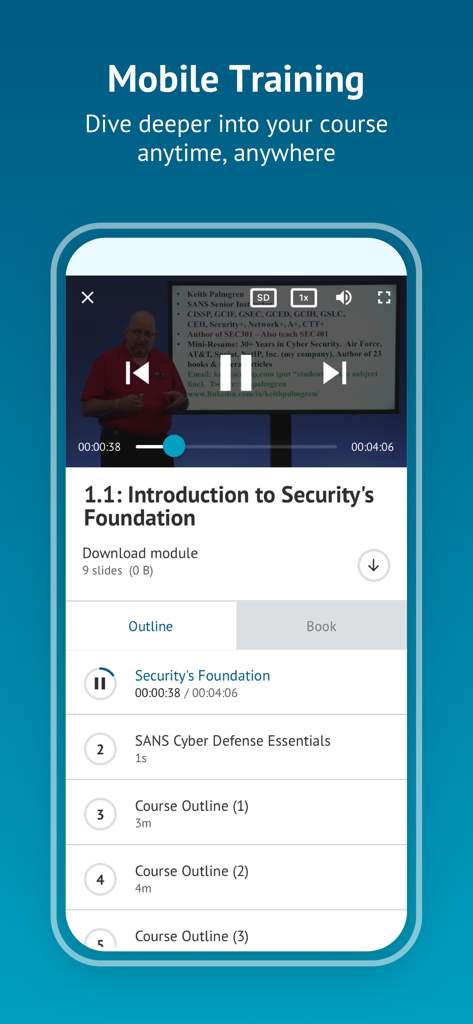SANS OnDemand - SANS OnDemand app mobile training interface showing a cybersecurity video lesson and course outline