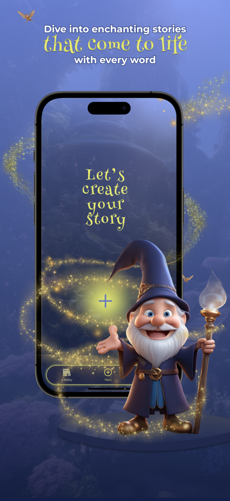 Magic Journeys: Kids Storytime - A friendly 3D wizard character standing next to a smartphone displaying the Magic Journeys app interface to create a story.