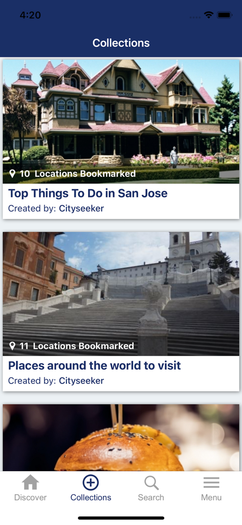 The Collections screen of the cityseeker app displaying curated travel guides for San Jose and worldwide locations.
