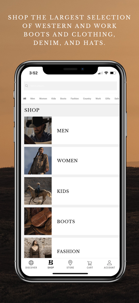 Pantalla de compra de la app móvil de Boot Barn mostrando categorías para hombres, mujeres, niños, botas y moda