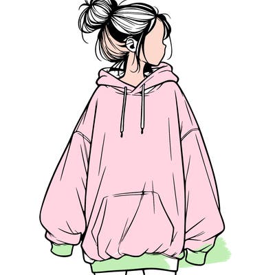 realistic girl with a oversized sweatshirt on and a bun