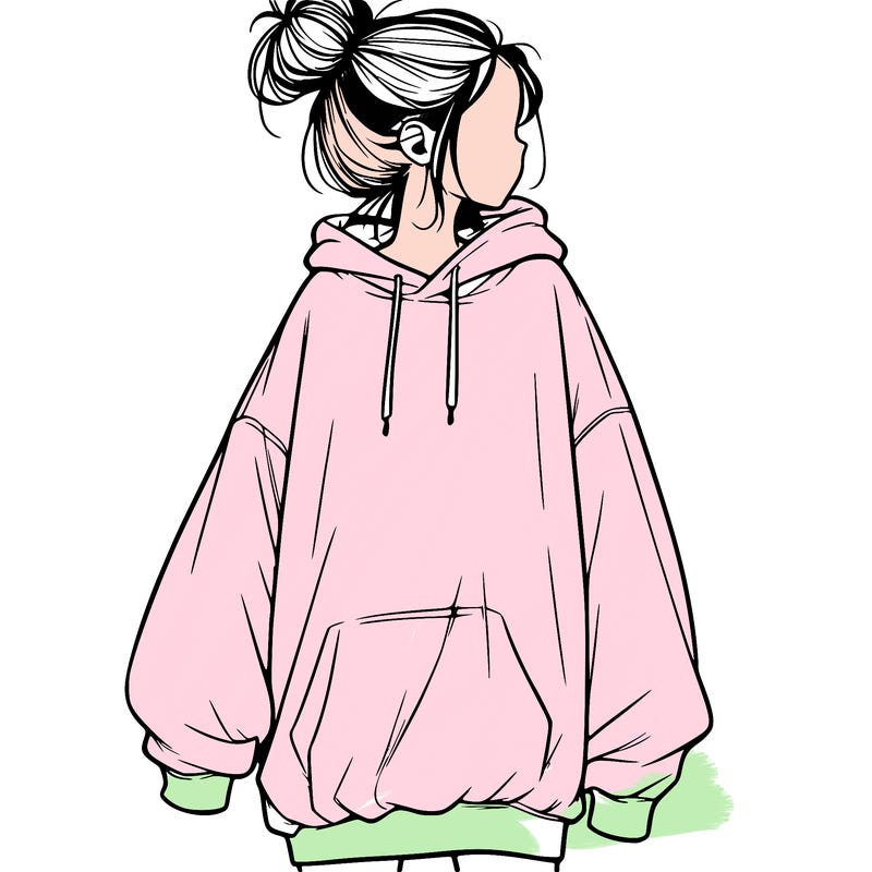 realistic girl with a oversized sweatshirt on and a bun
