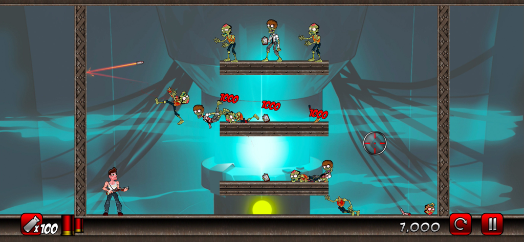 Stupid Zombies® 2 - A gameplay screenshot of Stupid Zombies 2 showing a character shooting a ricocheting bullet to hit multiple zombies in a futuristic lab level