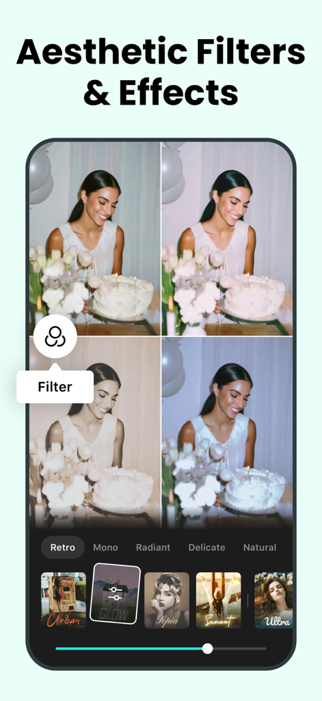Una schermata che mostra l'interfaccia dell'app inMelo con diversi filtri ed effetti estetici applicati a una foto di una donna con una torta di compleanno.