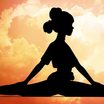 a realistic girl in yoga outfit doing splits