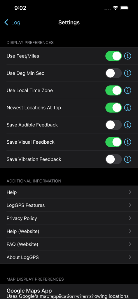 Log GPS - Einstellungen-Bildschirm der Log GPS App mit Umschaltern für Anzeigeoptionen und Menü für zusätzliche Informationen