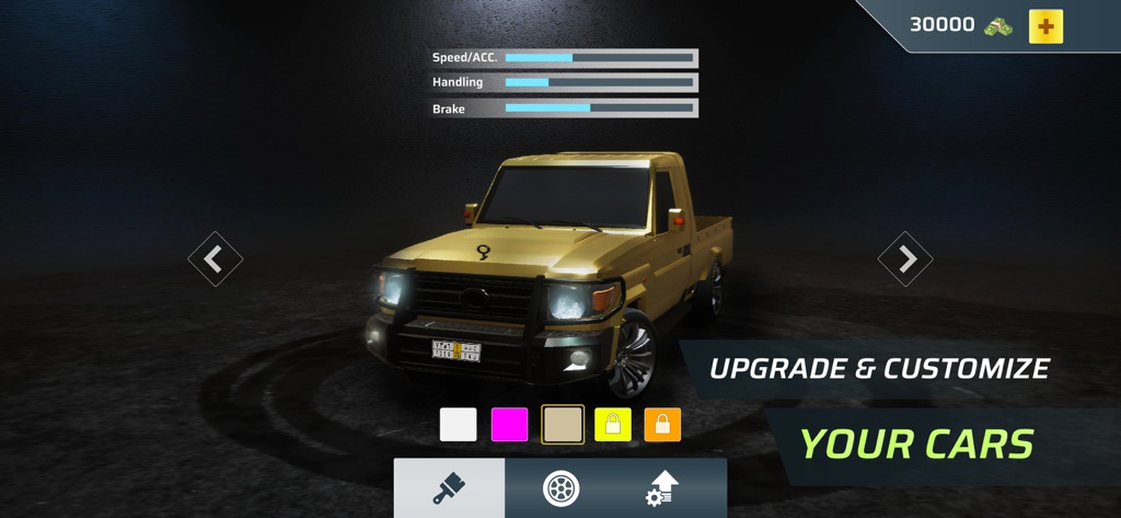 Crazy Line Driver - 3D - Car customization screen in Crazy Line Driver 3D showing a gold pickup truck and performance stats