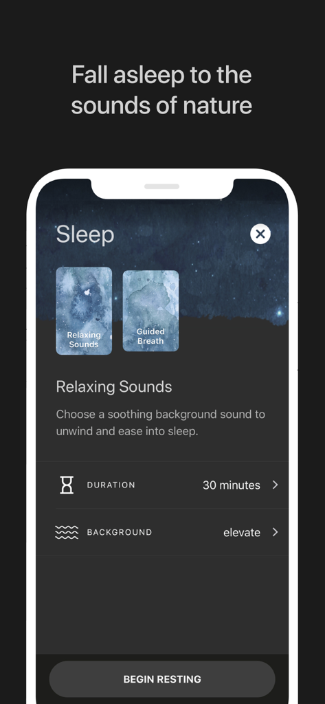 Oak app sleep meditation interface with relaxing sounds and duration settings