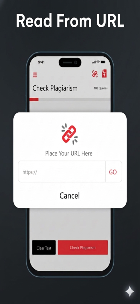 Turnitin Plagiarism Detector - Benutzeroberfläche der Turnitin Plagiat-Detektor-App, die die Funktion 'Von URL lesen' zur Analyse von Website-Inhalten zeigt.
