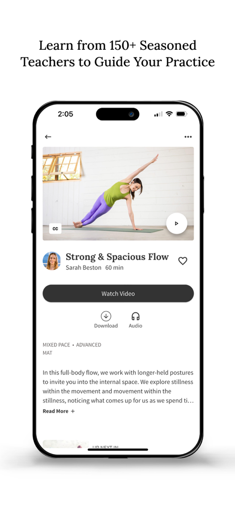 A mobile interface for Yoga Anytime showing a yoga class titled Strong and Spacious Flow by instructor Sarah Beston