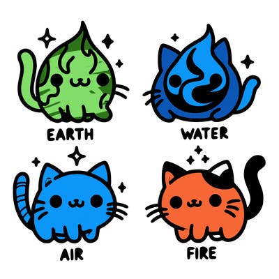 4 cats that represent the different elements, earth, water, air, and fire