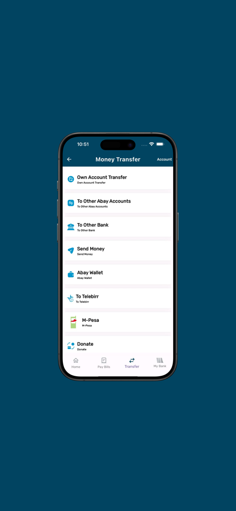 Abay Bank - Interfaz de la aplicación Abay Bank que muestra opciones de transferencia de dinero que incluyen cuenta propia, otros bancos, Telebirr y M-Pesa.