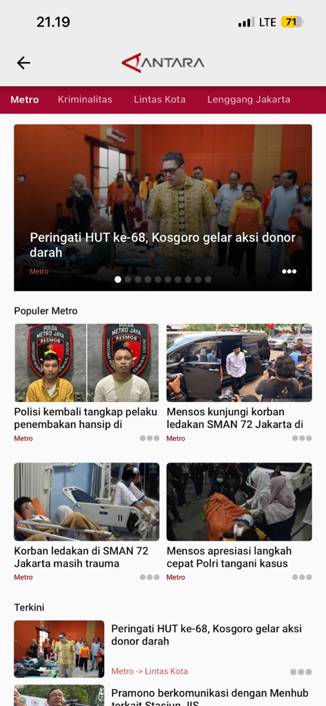 Antaranews - The Metro news section of the Antaranews mobile app featuring Indonesian news headlines and images.