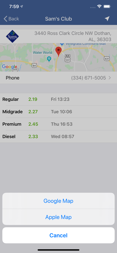Tela de aplicativo móvel mostrando preços de gasolina para diferentes graus de combustível em um posto Sam's Club com mapa e opções de navegação