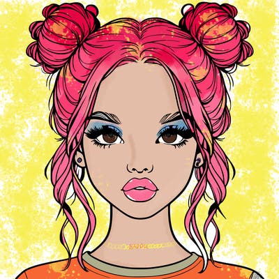 realistic girl with two buns in hair and lips