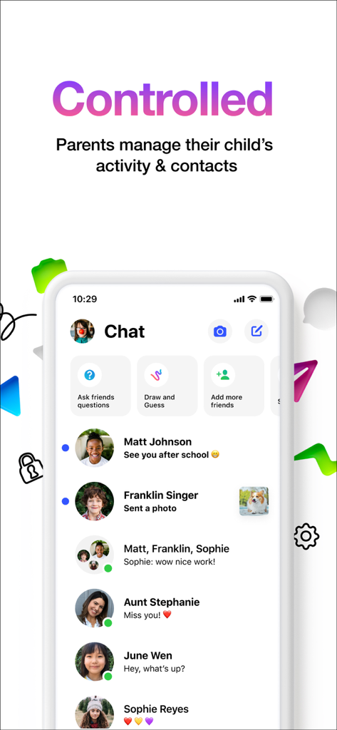 Messenger Kids chat interface showing contact list and parental control features