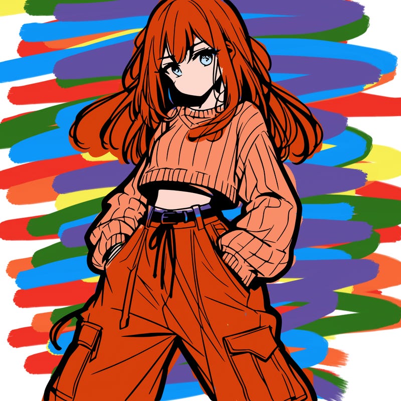 anime teen girl with baggy pants and crop top with sweater