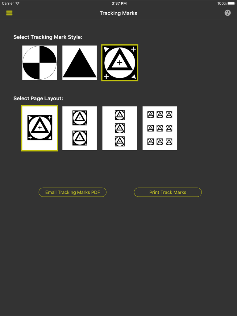 Interface for choosing VFX tracking mark styles and print layouts in ShotBOT