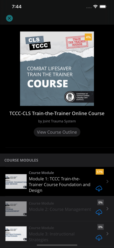 User interface of the Deployed Medicine app showing the TCCC-CLS Train-the-Trainer online course and its modules.