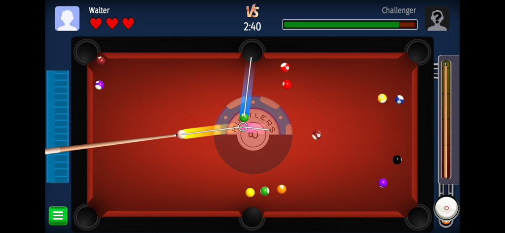 赤いテーブル上のプレイヤーの体力バーとエイムラインが表示された競争的な8ボールプールの試合のゲームプレイ