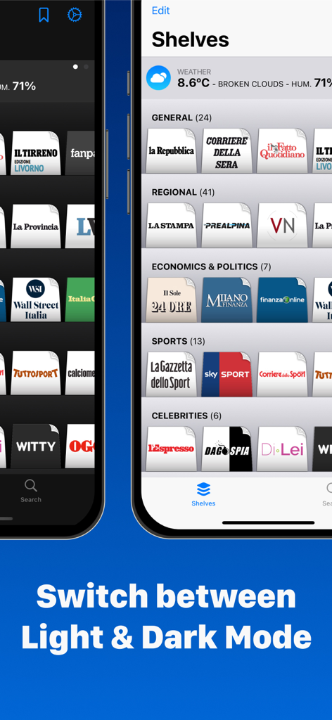 Italian Newspapers - Screenshot of Italian Newspapers app interface demonstrating switching between light and dark mode themes