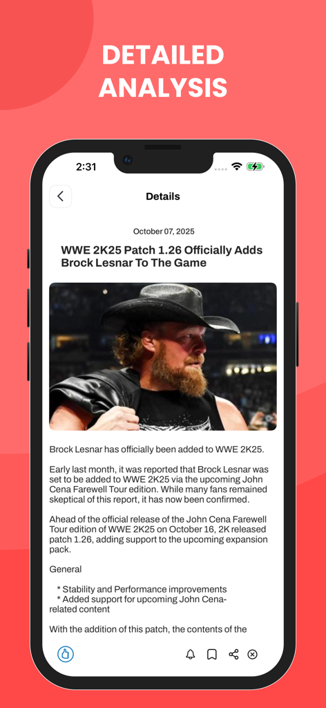 モバイルアプリ画面。WWE 2K25ゲームに追加されたブロック・レスナーに関するニュース記事が表示されています。