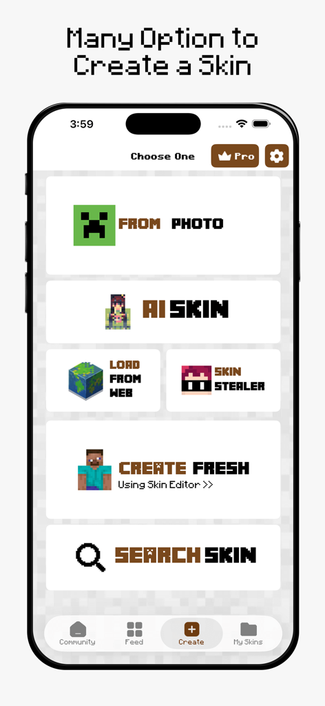 A mobile app screen showing options to create Minecraft skins including AI skin generation and photo upload