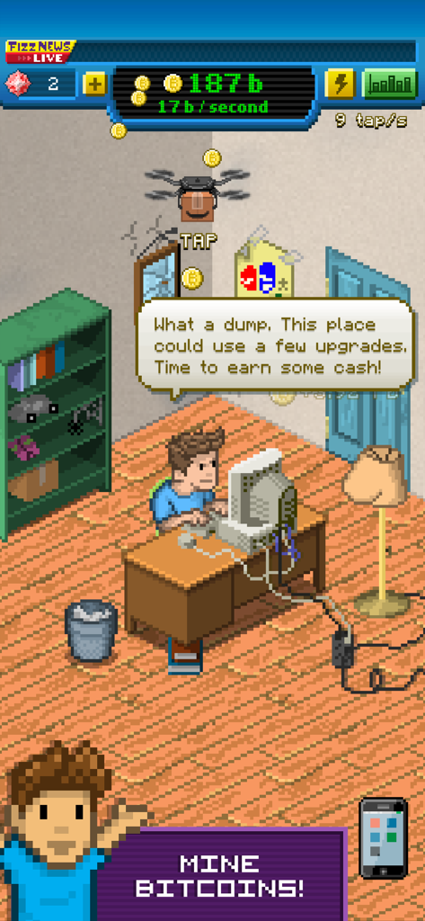 Un personnage en pixel art minant des bitcoins virtuels à un bureau dans un bureau de départ en désordre dans le jeu inactif Bitcoin Billionaire