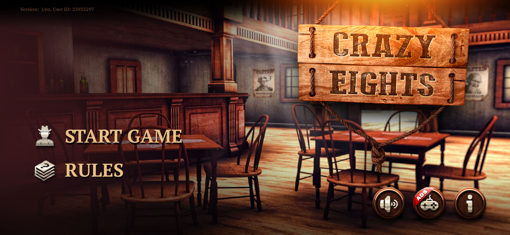 Crazy Eights Elite - Main menu screen of Crazy Eights Elite with a Western saloon theme