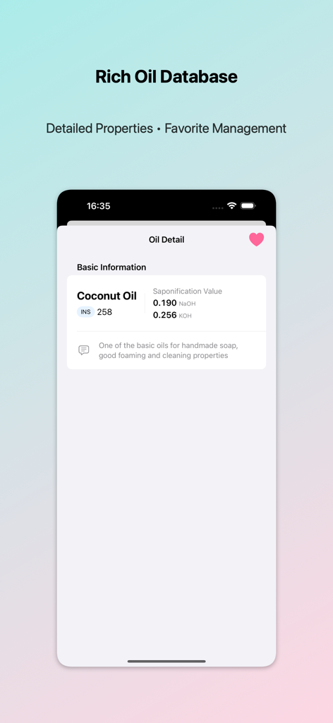 Soap Calculator - Lye Calc - Mobile App-Bildschirm, der detaillierte Verseifungswerte und Eigenschaften für Kokosöl in der reichhaltigen Öl-Datenbank zeigt.