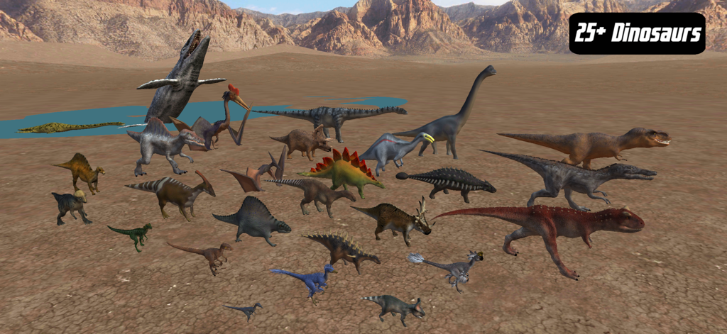 恐竜シミュレーターアプリの砂漠の風景に表示された、25種以上のリアルな3D恐竜モデルの幅広いコレクション。