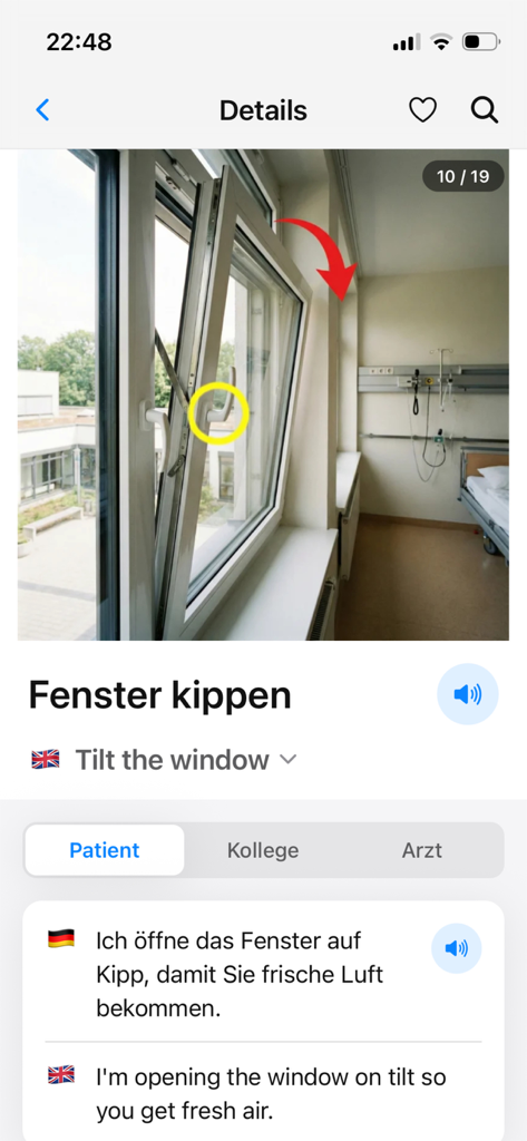 Interfaz de la aplicación PflegeMate que muestra la frase alemana para inclinar una ventana de hospital con una traducción al inglés y una frase de ejemplo.